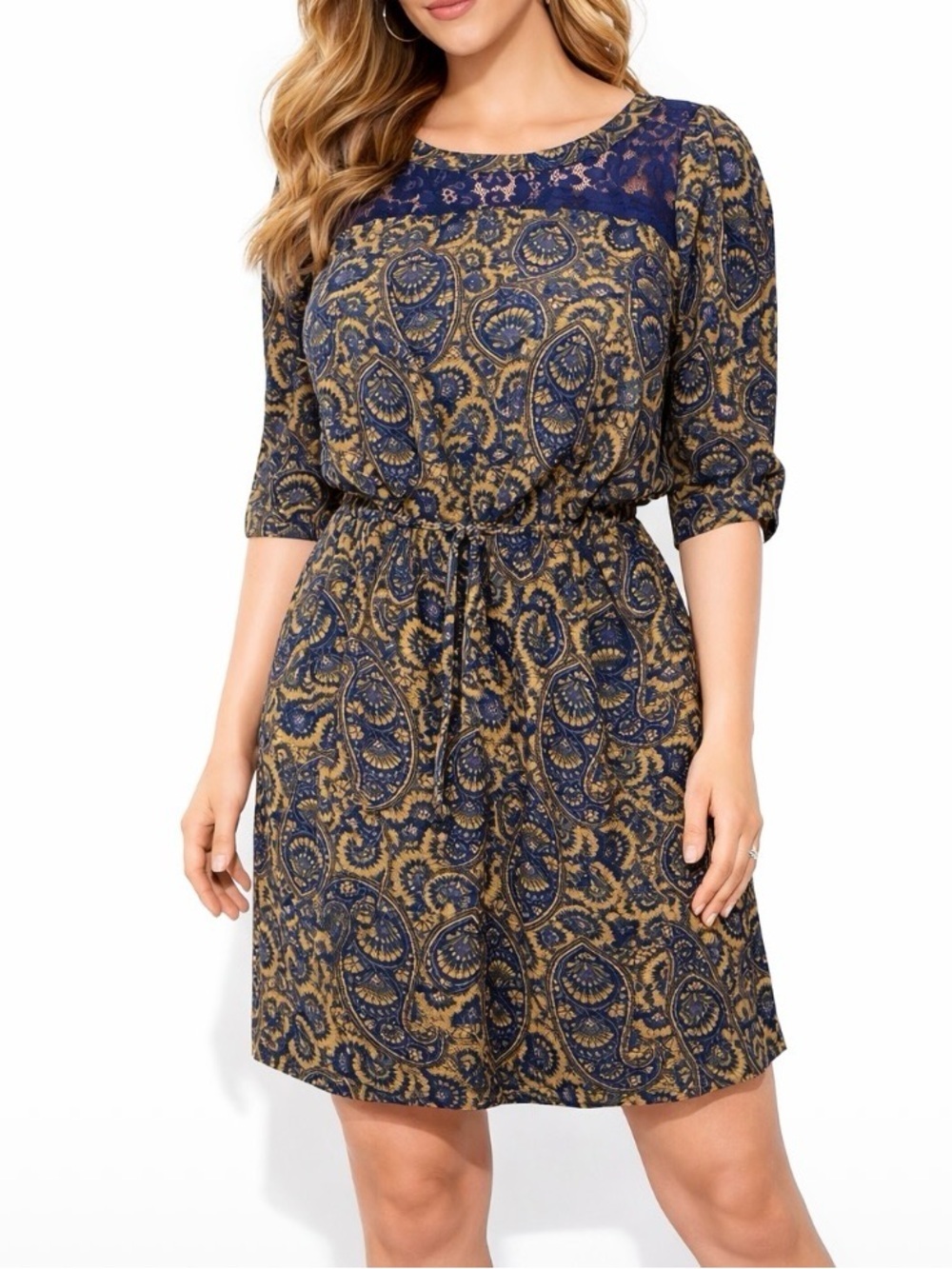 Jessica Simpson paisley gold and blue knee length dress SZ 6 elastic waist
